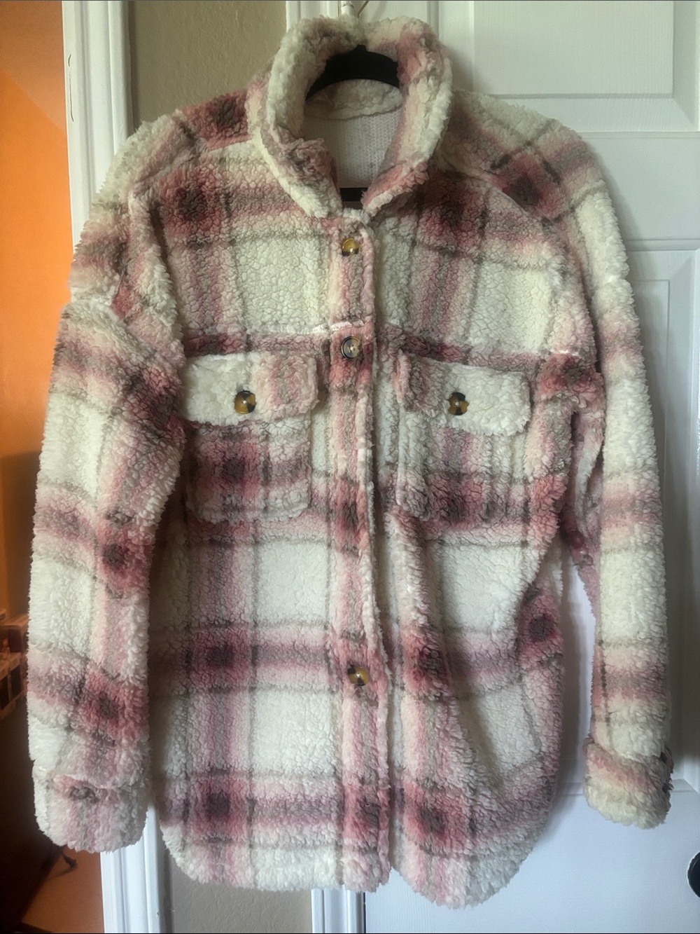 Cozy Plaid Sherpa Shacket - Cream & Pink